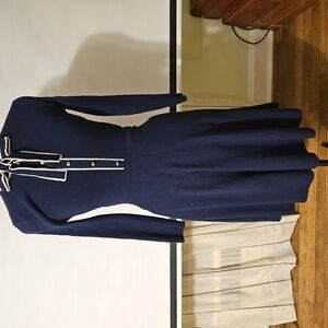 Elegant Navy Long-Sleeve Dress with White Trim
